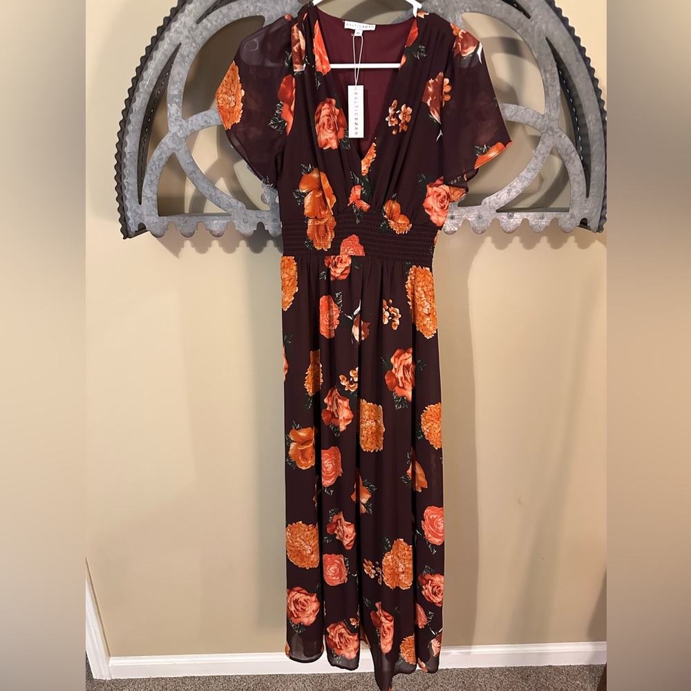 Baltic Born Floral Long Sleeve Dress in Brown and Orange